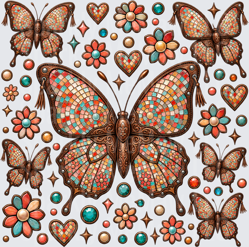 Mosaic Butterfly Floral Gems this is a 10x10 UV DTF Cut/Peel/Stick Sheet