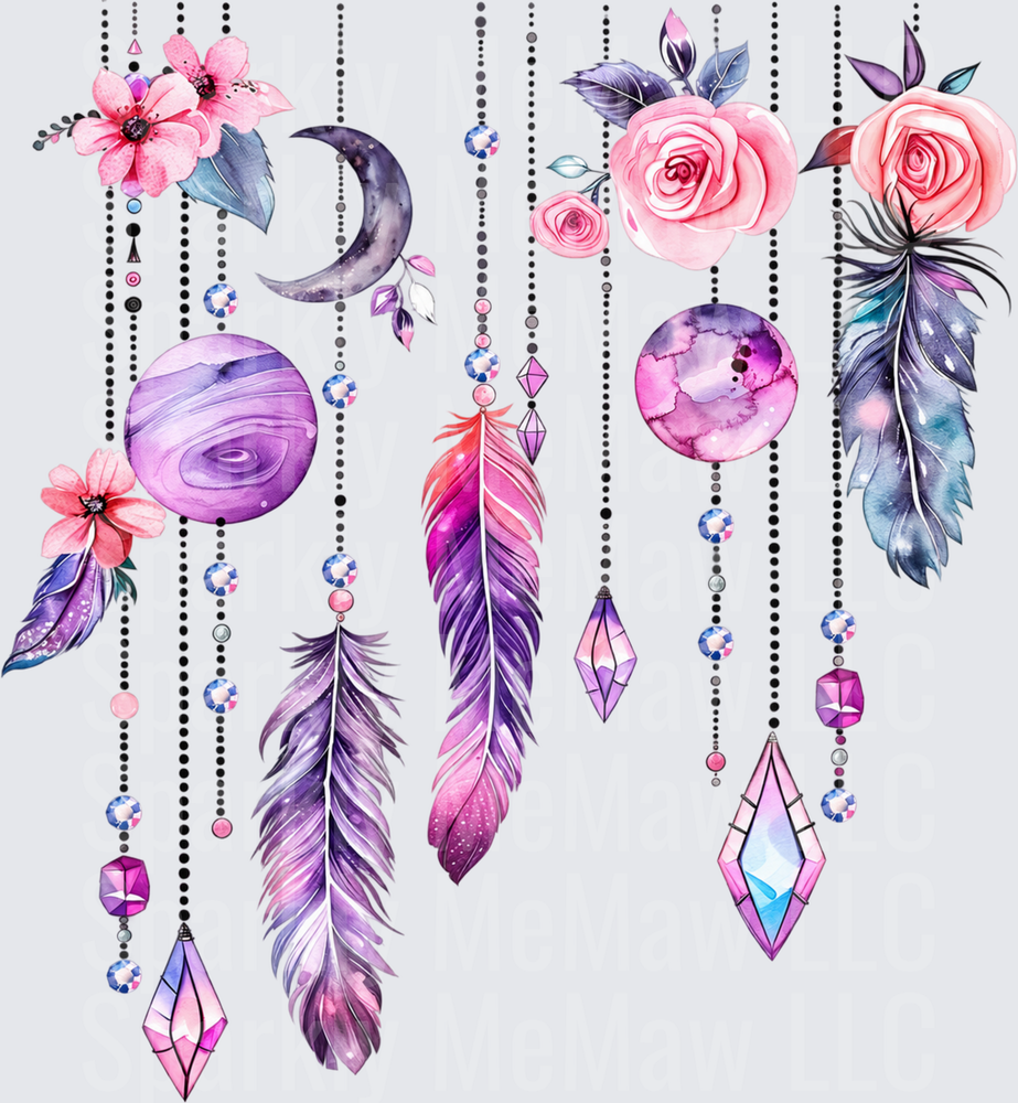 Boho Floral Feathers Crystals Moon is a DTF Transfer for Fabrics