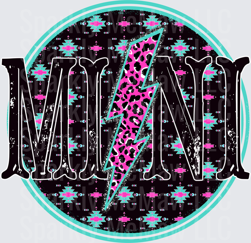 Mama Lightning Bolt Aztec Pattern Circle Design UV DTF Decal