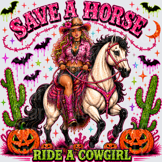 Save A Horse Ride A Cowgirl Halloween Western Cowboy Hat Pink Glitter Bandana Horse Cactus Jack O Lantern Pumpkins Bats Stars Moon DTF Transfer for Fabric