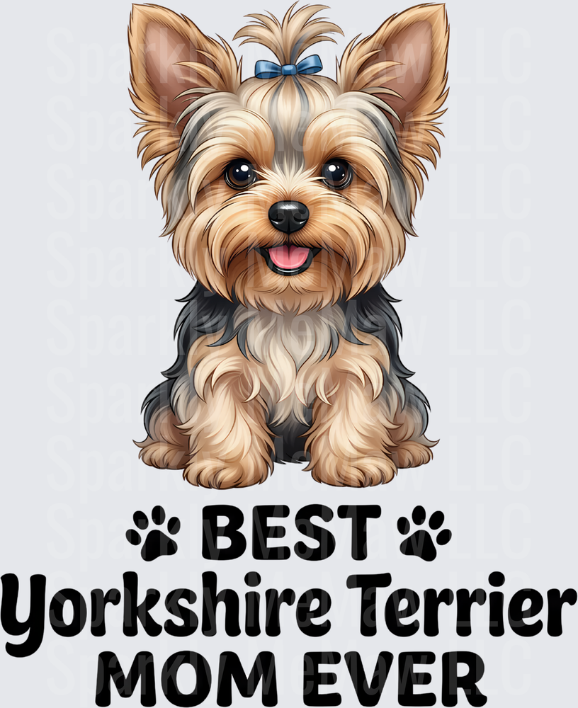 Cute Yorkshire Terrier with Blue Bow Best Yorkie Mom Ever Paw Prints UV DTF Decal