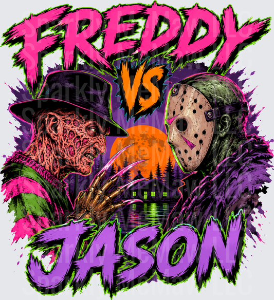Freddy Krueger vs Jason Voorhees Horror Icons Face-Off Neon Retro Art DTF Transfer for Fabrics