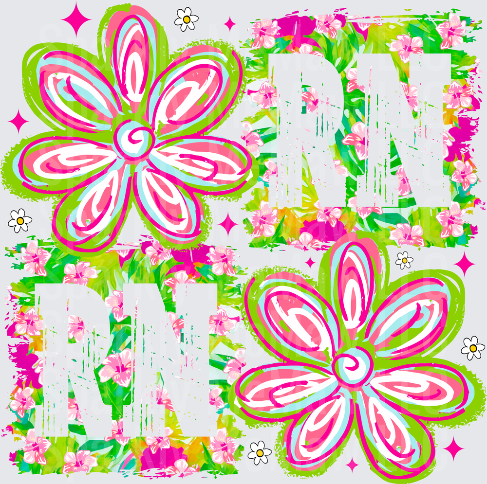 Tropical Hibiscus Flowers with Small Daisies and Sparkles DTF Transfer for Fabric