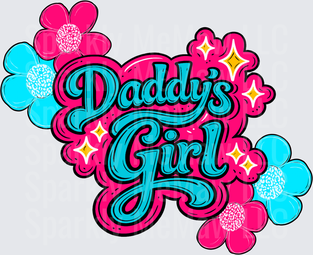 Daddy's Girl Retro Typography with Pink and Blue Flowers and Stars UV DTF Decal