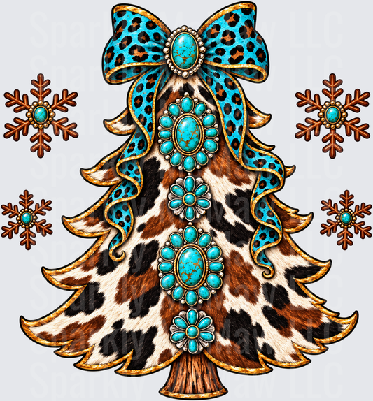 Western Cowhide Leopard Christmas Tree DTF Transfer for Fabrics
