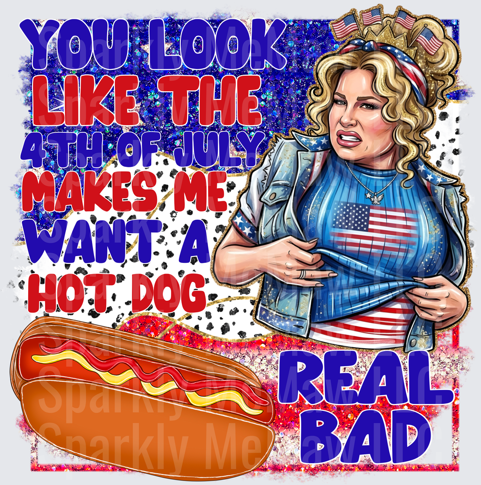 Patriotic Woman with Crown and American Flag Top Hot Dog Fourth of July Humor DTF Transfer for Fabric