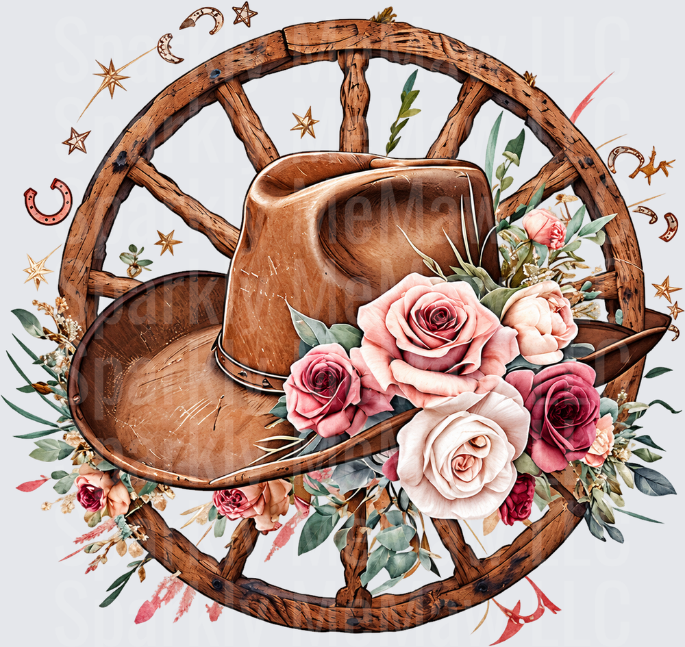 Floral Cowboy Hat Wagon Wheel DTF Transfer for Fabrics