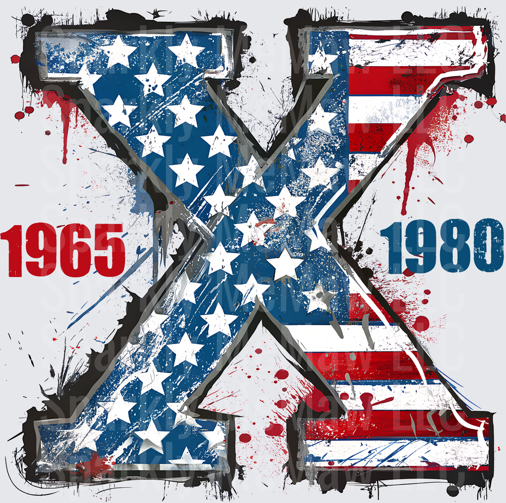 Vintage American Flag Letter X with 1965 1980 Dates Distressed Patriotic DTF Transfer for Fabric