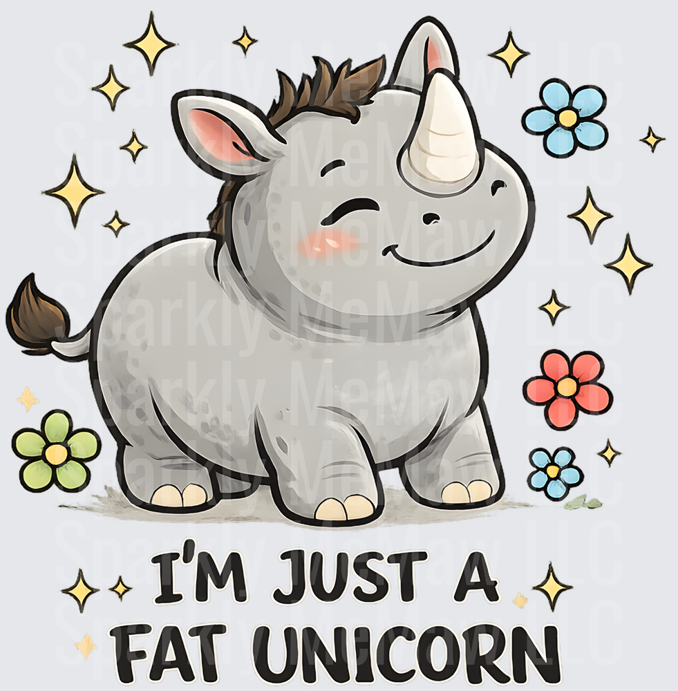 Cute Chubby Gray Unicorn with Flowers I'm Just A Fat Unicorn Quote UV DTF Decal
