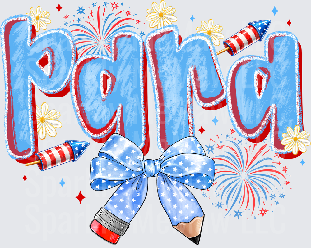 Patriotic Para Fourth of July UV DTF Decal with Red White and Blue Bow Pencil Fireworks and Daisy Flowers