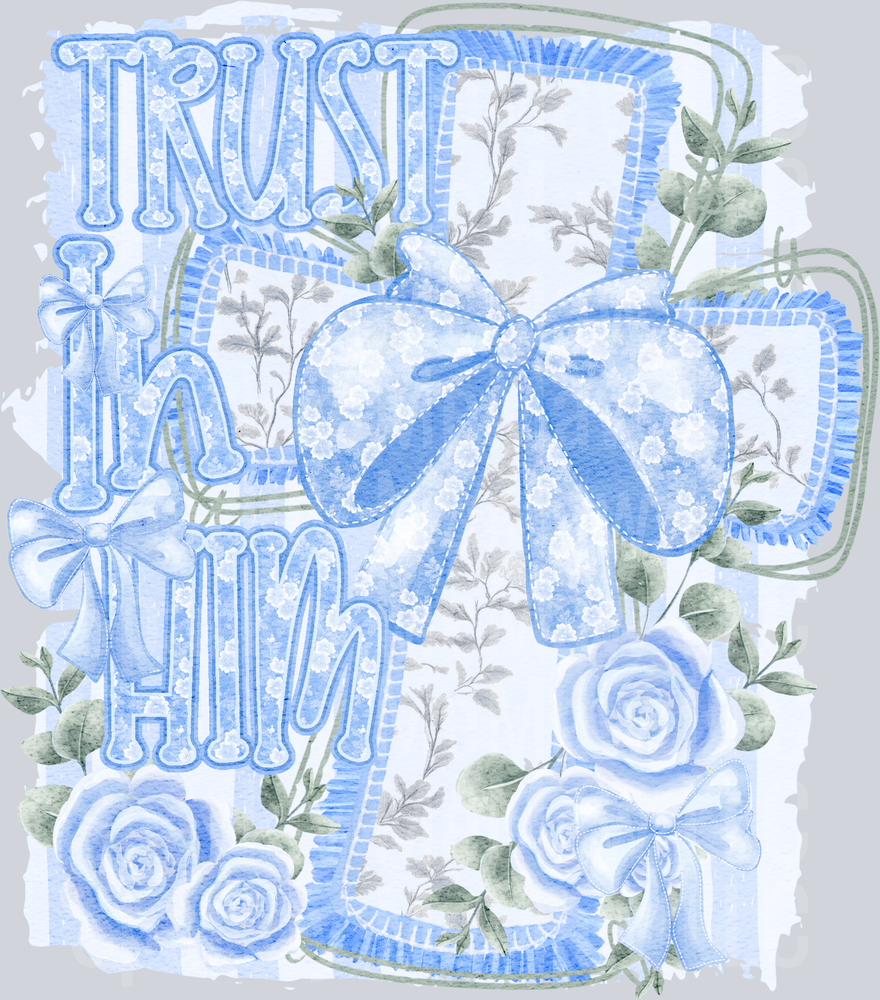 Trust in Him Blue Floral Cross with Bows and Roses UV DTF Decal