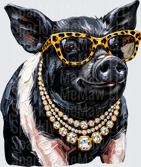 Sassy Black and White Pig with Leopard Print Sunglasses and Diamond Gold Necklace Oil Painting uv dtf decal