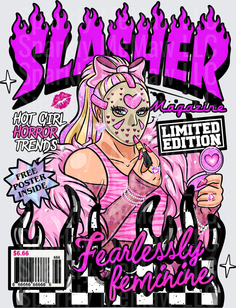 Pink Slasher Magazine Cover Parody Fearlessly Feminine Horror Girl with Bow DTF Transfer