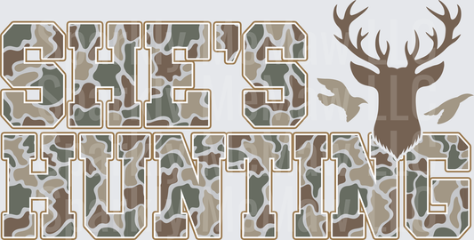 She's Hunting Camouflage Text with Deer Head and Flying Duck Silhouettes DTF Transfer