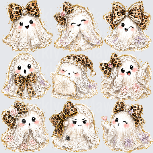 Boujee Leopard Print Bow Lace Ghost Halloween Set UV DTF 10x10 element sheet