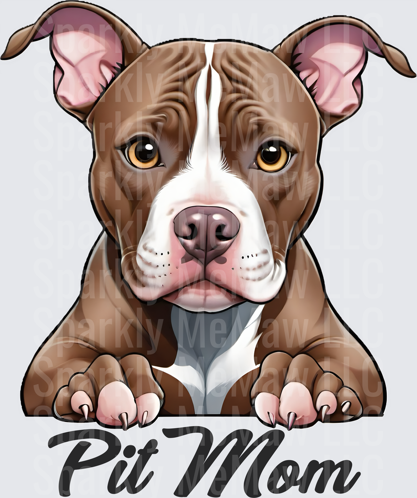 Brown and White Pit Bull Dog with Pit Mom Text UV DTF Decal