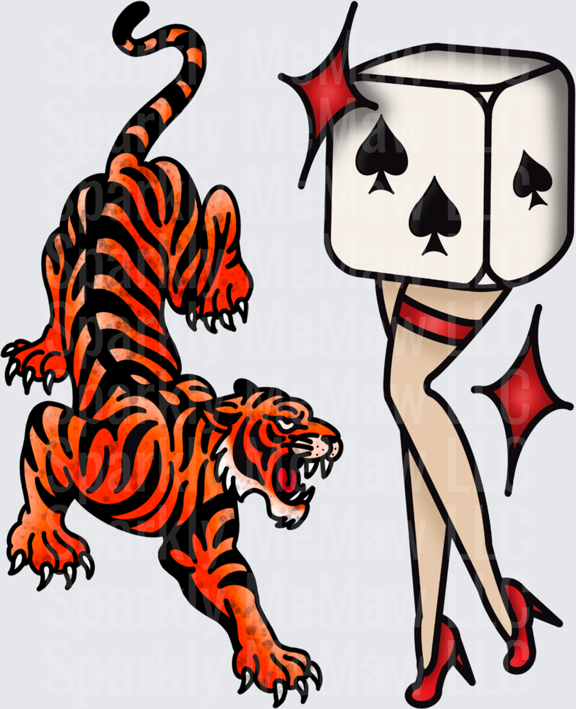 Traditional Tiger and Dice Pin-Up Girl Tattoo Flash UV DTF Decal
