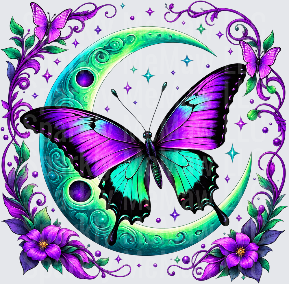 Purple Teal Butterfly Crescent Moon DTF Transfer for Fabrics