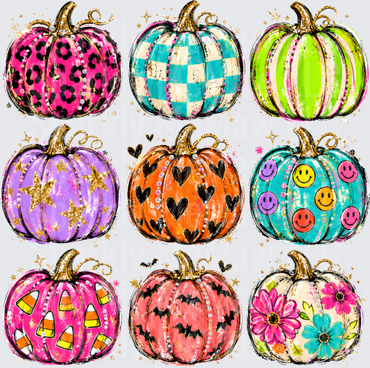 Nine Colorful Patterned Halloween Pumpkins Leopard Checkered Stripes Stars Hearts Smiley Faces Candy Corn Bats Floral Gold Glitter UV DTF 10x10 element sheet