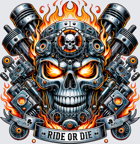 Mechanical Skull with Pistons and Flames Ride or Die Banner UV DTF Decal