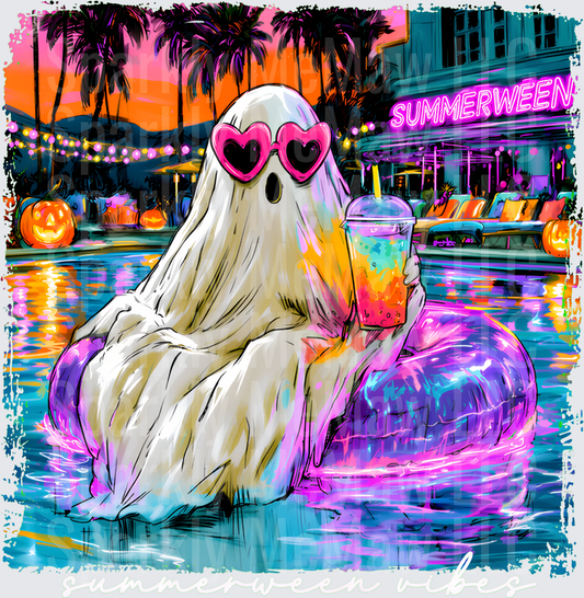 Summerween Ghost in Heart Sunglasses Floating in Pool with Colorful Drink Neon Sunset Halloween DTF Transfer for Fabrics