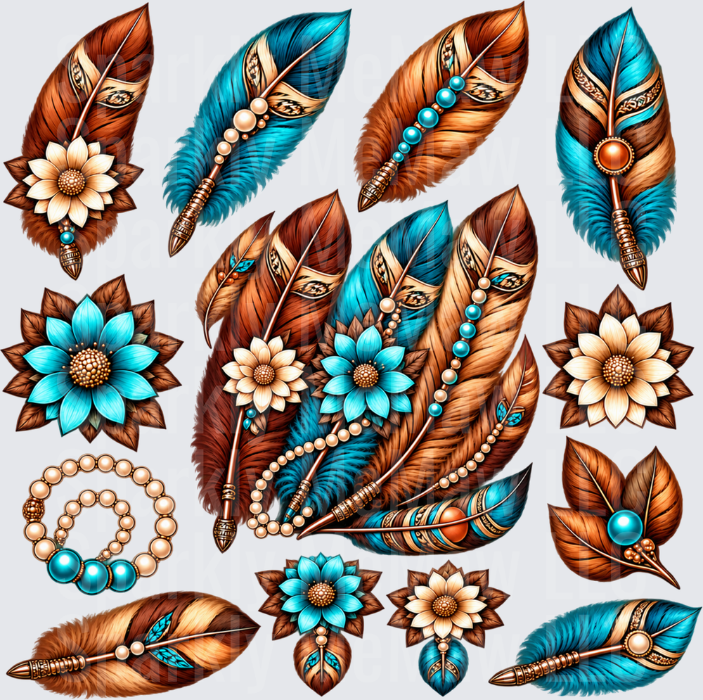 Boho Feathers Flowers Beads Bundle is a 10X10 uv dtf full sheet