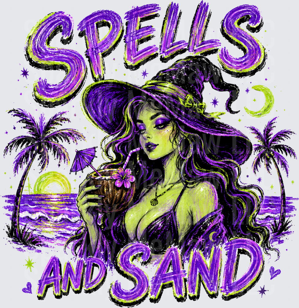 Spells and Sand UV DTF Decal Green Witch with Coconut Drink Tropical Beach Scene Purple and Lime Green Design