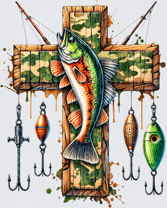 Fishing Cross Camo Bass DTF Transfer for Fabrics