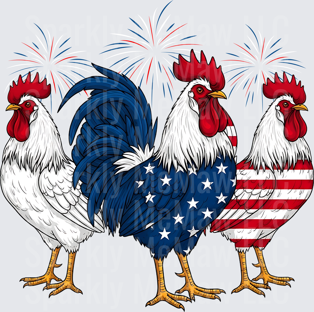 Patriotic Roosters with American Flag Feathers and Fireworks UV DTF Decal