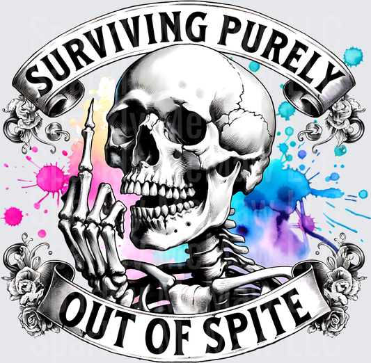 Surviving Purely Out of Spite Skull with Middle Finger and Watercolor Splashes UV DTF Decal