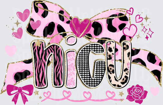 NICU Pink Leopard Zebra Houndstooth Mixed Pattern Gold Glitter Bow Hearts and Roses UV DTF Decal