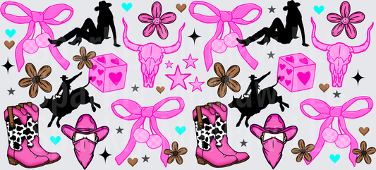 Pink Cowgirl Western Rodeo Pattern with Boots Bows and Bull Skulls UV DTF 16 oz Wrap