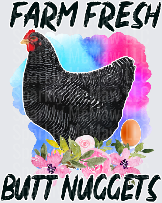 Farm Fresh Butt Nuggets Black Hen with Watercolor Flowers and Egg UV DTF Decal