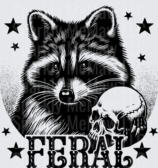 Feral Raccoon with Skull Gothic Black and White Design UV DTF Decal