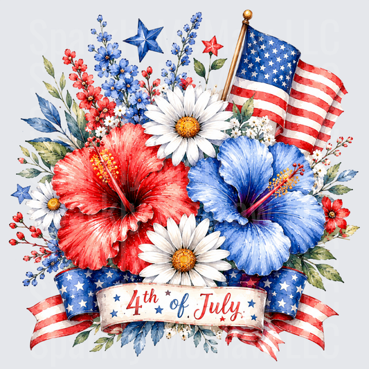 4th of July Patriotic Floral Bouquet with American Flag and Hibiscus Flowers UV DTF Decal
