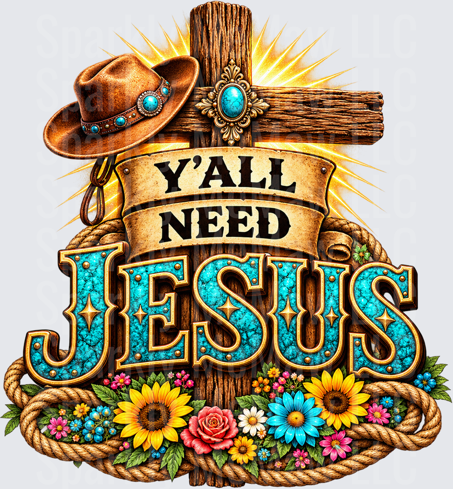 Y'All Need Jesus Western Cross UV DTF DECAL (HARD SMOOTH SURFACE)