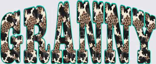 Granny Leopard and Cowhide Print Bold Letters with Teal Outline DTF Transfer (fabrics)