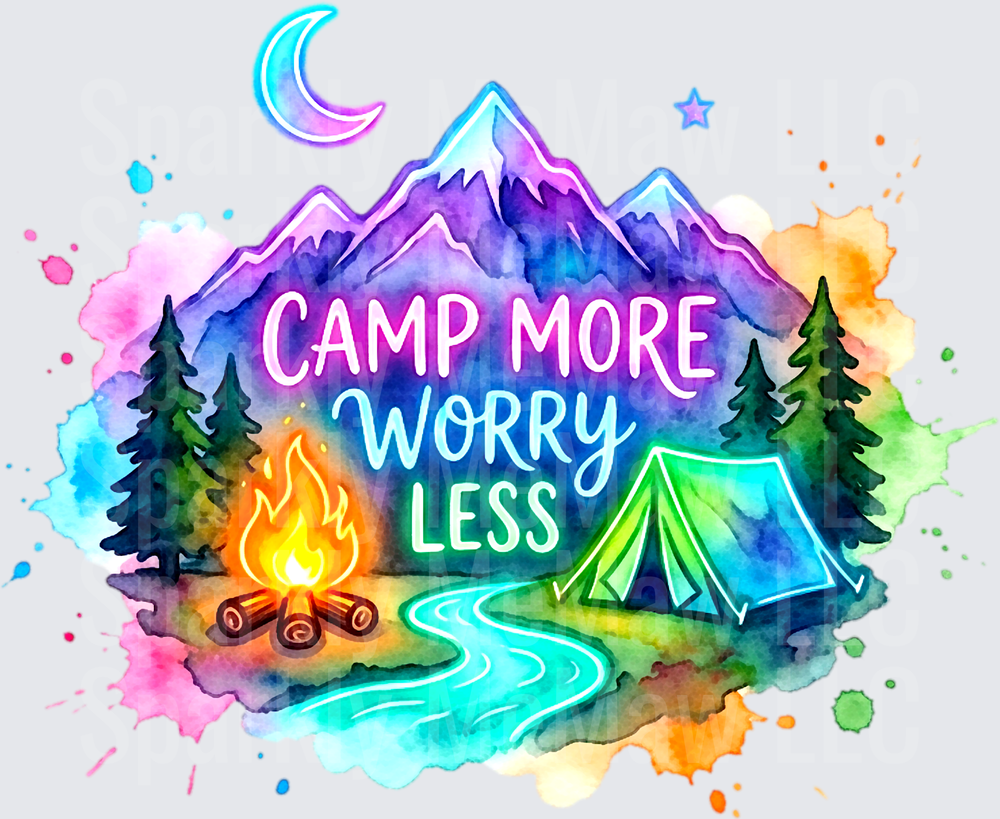 Camp More Worry Less Watercolor Mountain Scene with Tent Campfire and Trees UV DTF Decal