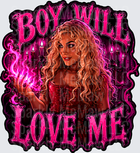 Boy Will Love Me Dark Witch Curly Hair Sorceress Pink Magic Spell Candelabra Gothic DTF Transfer for Fabrics