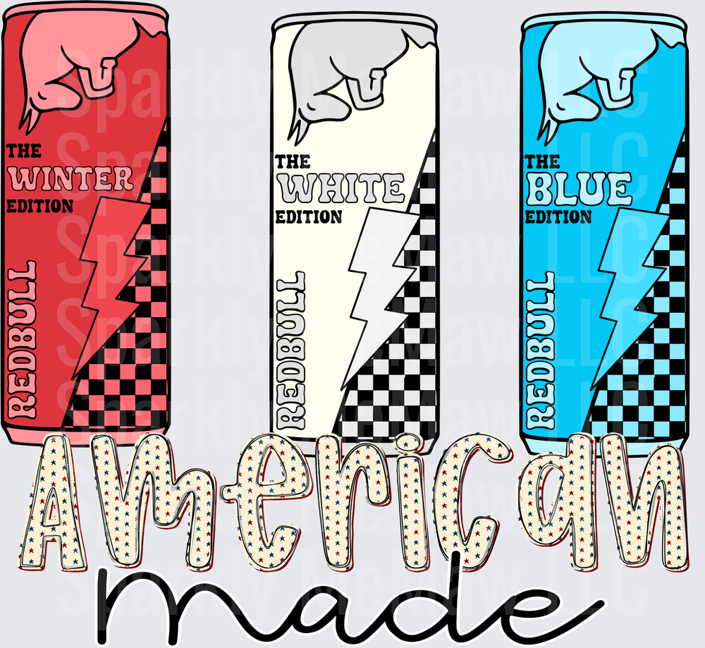 American Made RB Energy Drink Trio Winter White Blue Edition 10x10 UV DTF Sheet