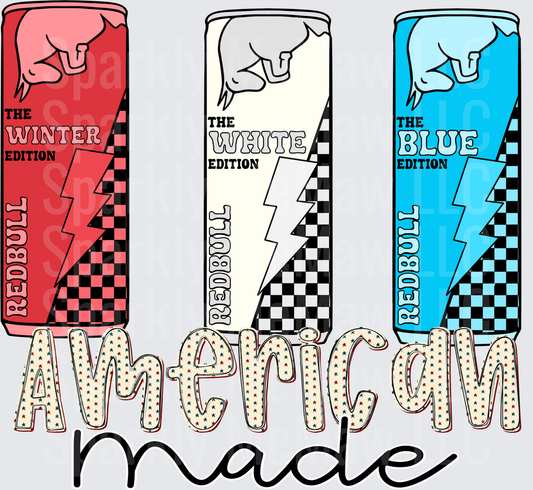American Made RB Energy Drink Trio Winter White Blue Edition 10x10 UV DTF Sheet