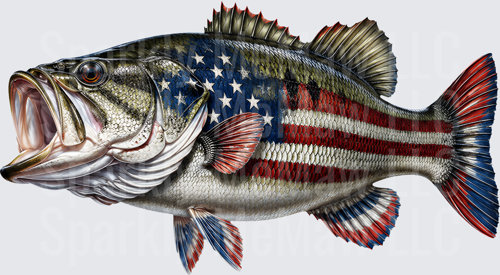 Patriotic Bass Fish with American Flag Stars and Stripes Pattern UV DTF Decal