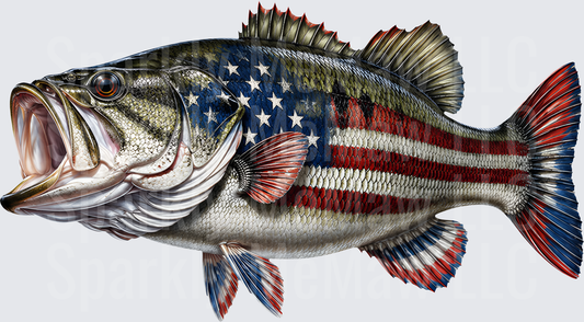 Patriotic Bass Fish with American Flag Stars and Stripes Pattern UV DTF Decal
