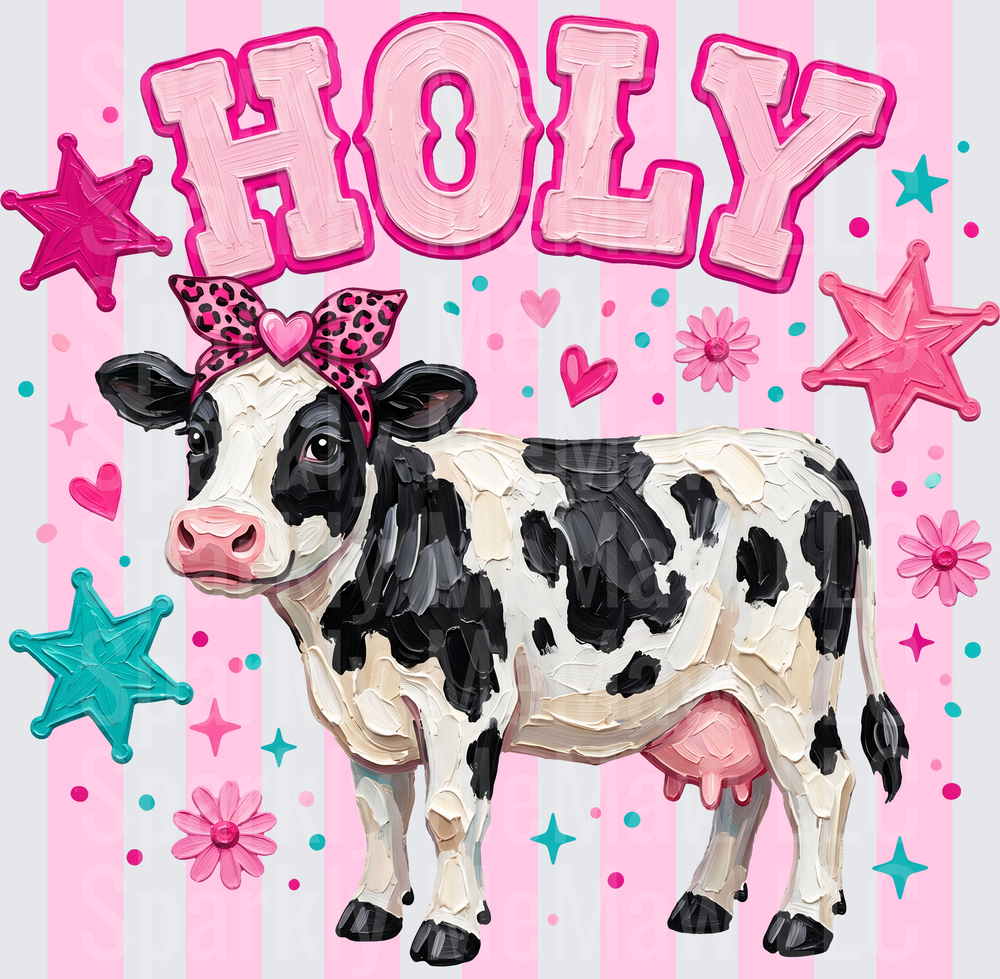 Holy Cow with Pink Leopard Print Bow and Stars Pink Striped Background UV DTF Decal