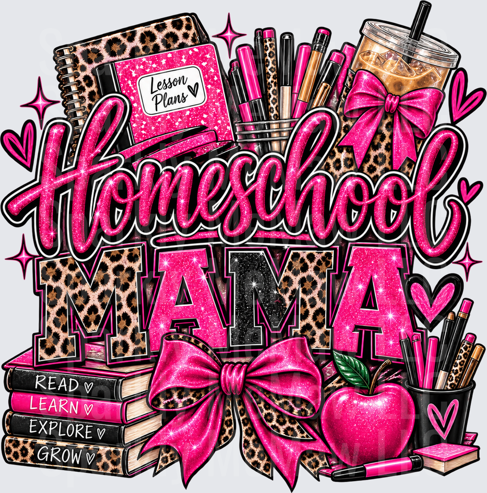 Homeschool Mama Leopard Pink Glitter is a DTF Transfer for Fabrics