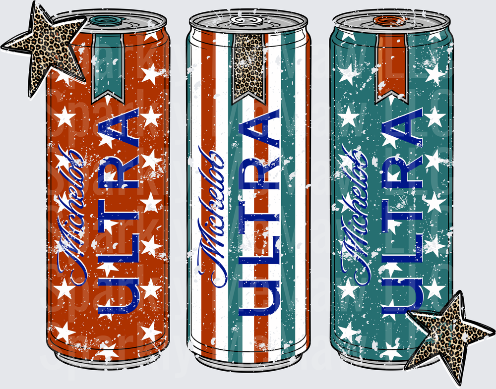 Patriotic Ultra Energy Drink Cans with Leopard Print Stars UV DTF Decal