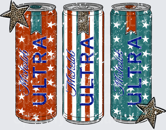 Patriotic Ultra Energy Drink Cans with Leopard Print Stars UV DTF Decal