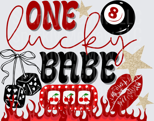 One Lucky Babe Casino Gambling Design with Dice Slot Machine and Lips UV DTF Decal