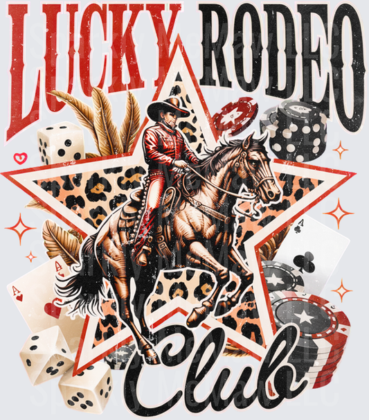 Lucky Rodeo Club Western Cowgirl on Horseback with Leopard Print Star Poker Chips Dice and Playing Cards DTF Transfer for Fabric