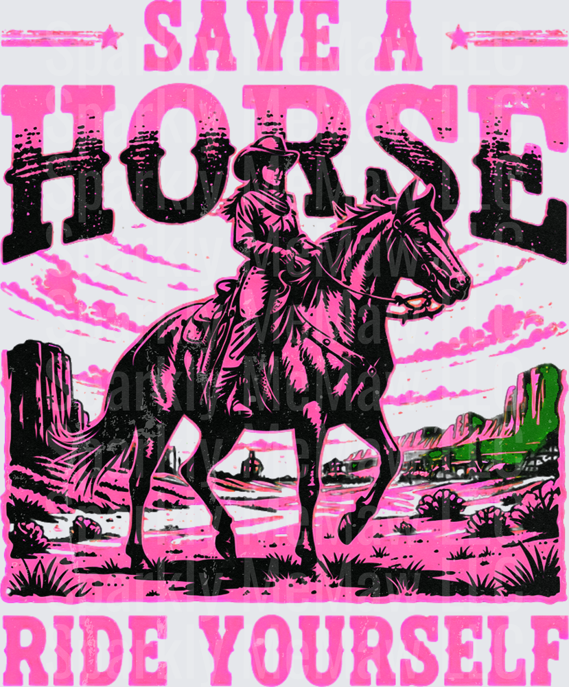 Save A Horse Ride Yourself Pink Western Cowgirl Desert Landscape DTF Transfer for fabric